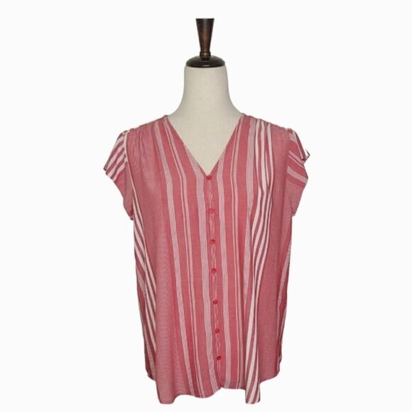 Liz Claiborne Red & White Striped V-neck Cap Sleeve Button Down Blouse Size S - Picture 1 of 7
